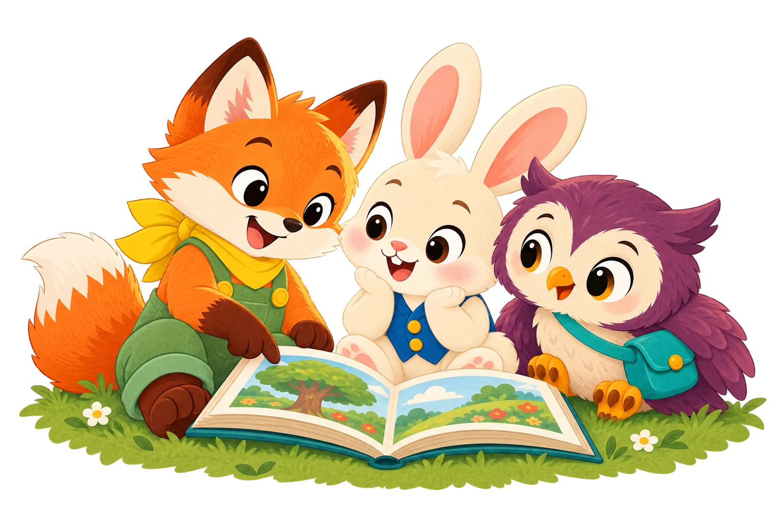 Milo, Lumi und Pip schauen gemeinsam in ein aufgeschlagenes Bilderbuch.